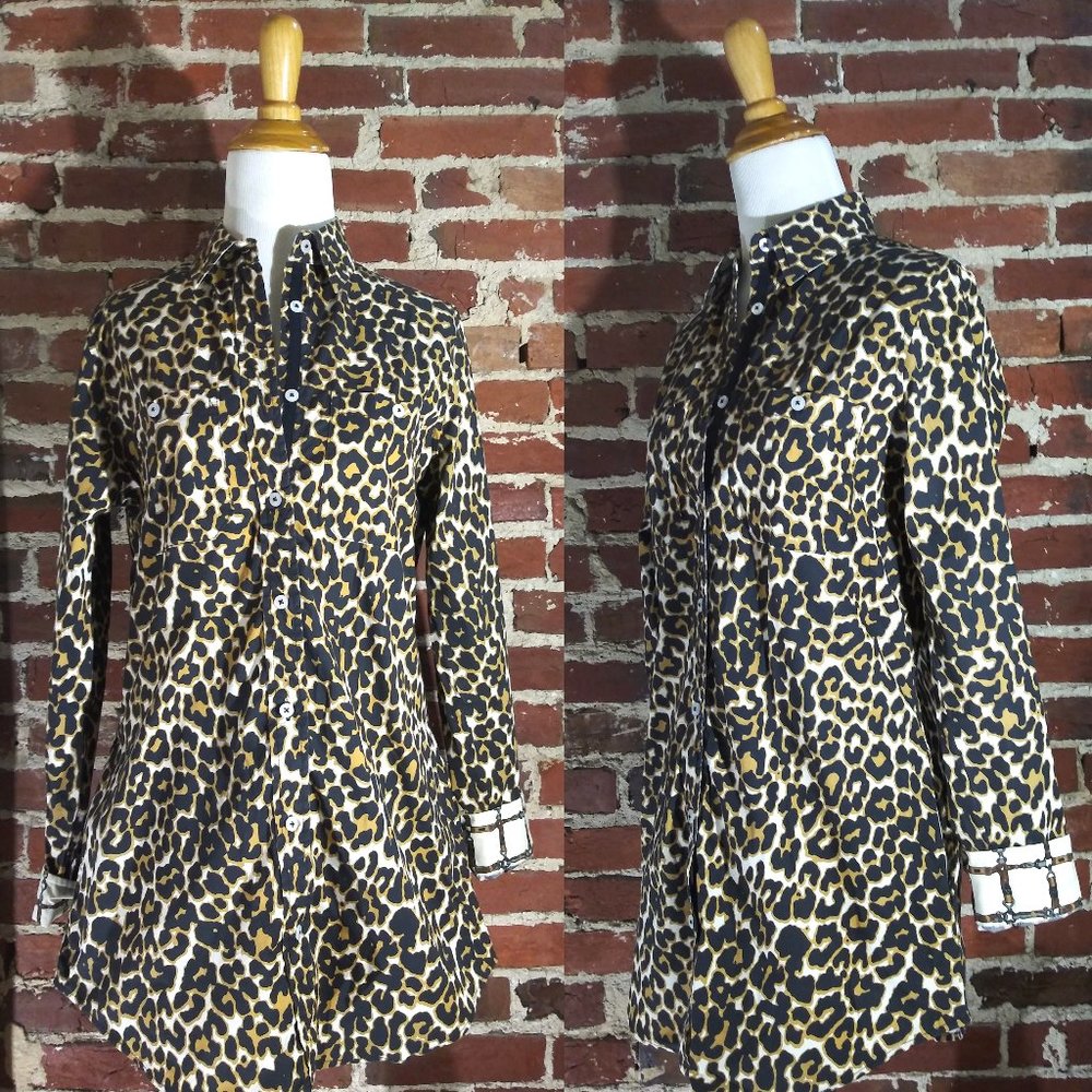 Tizzie Leopard Print button-down collared tunic top blouse w roll up long sleeve